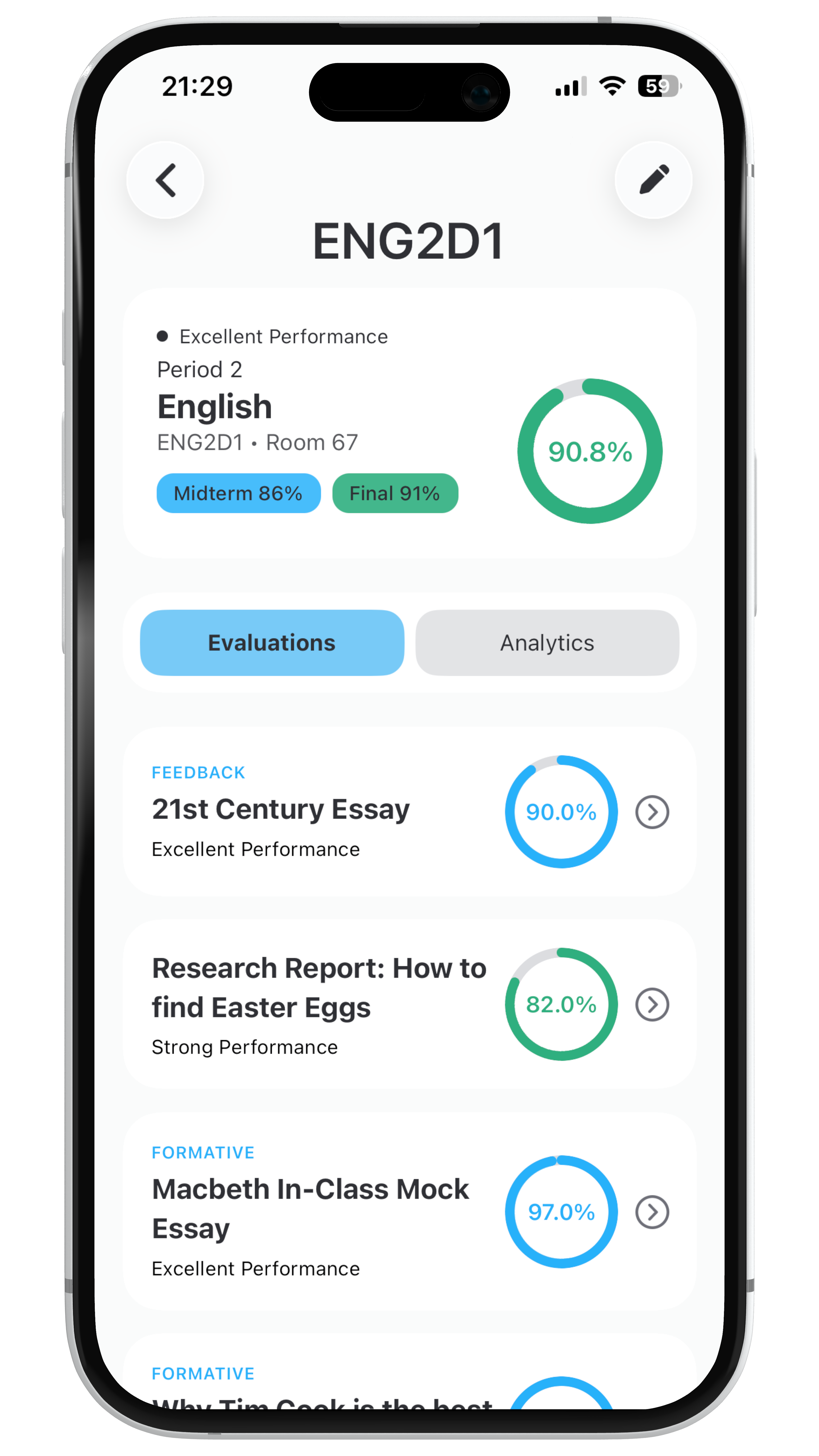 Course dashboard with live grades