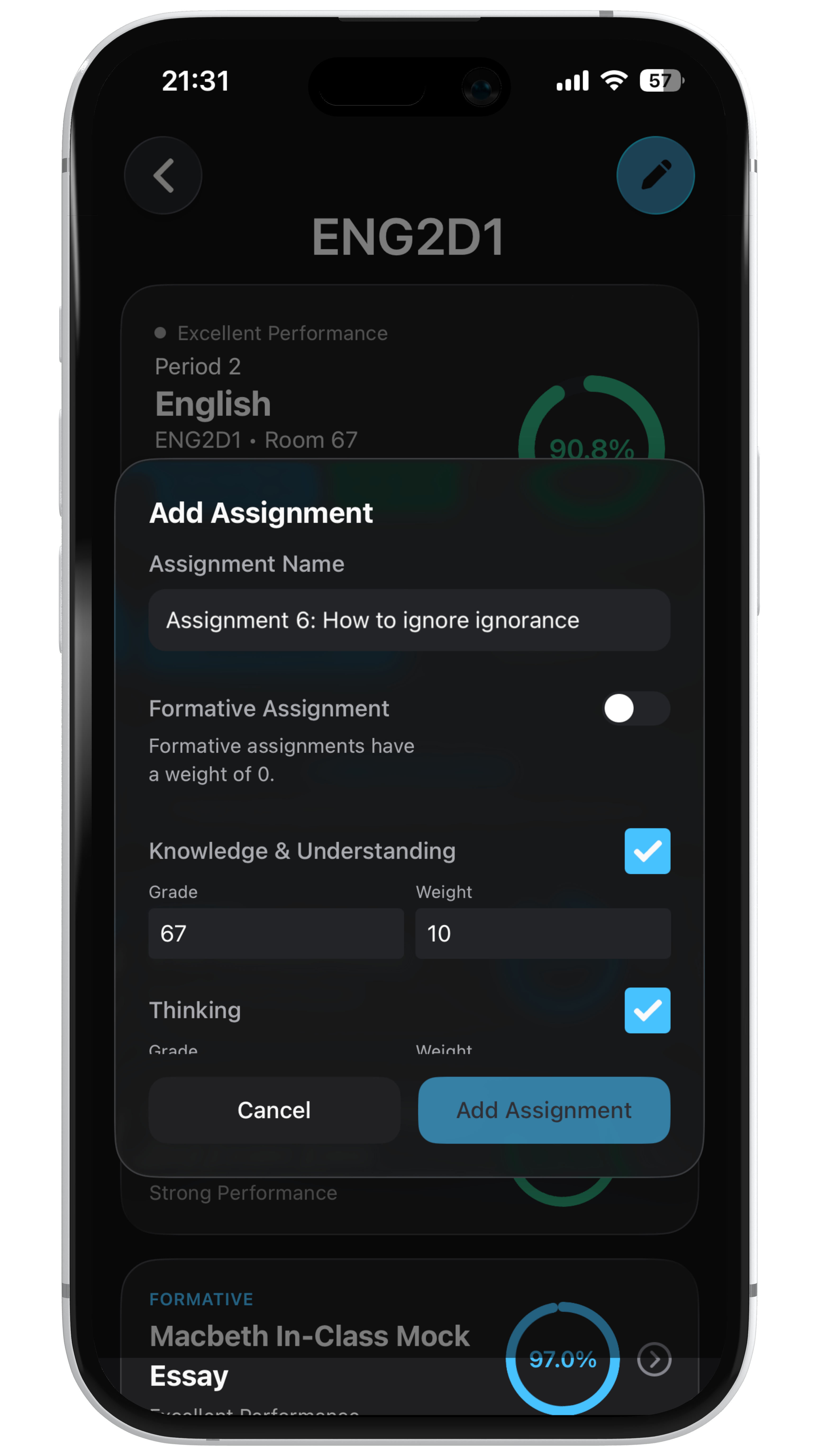 Tap to view Edit assignment and simulate grade outcomes